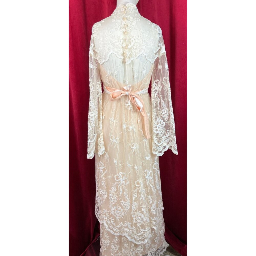 LOVELY 1970s Tambour Lace Wedding Tea Dress Tiered Skirt Edwardian Style 70s - Picture 6 of 12